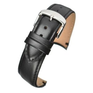 A BLACK PREM LTHR WITH CURVE END WCV100/18 watch strap with a silver buckle.