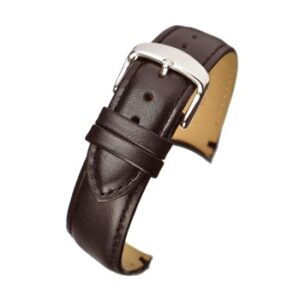 A BROWN PREM LTHR WITH CURVE END WCV105/18 watch strap with a silver buckle.