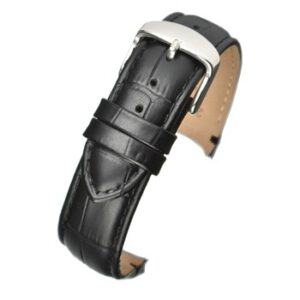 A BLACK CROC GRAIN PREMIUM LEATHER WITH CURVED ENDS AND A STITCHED EDGE WCV500/18 watch strap with a silver buckle.