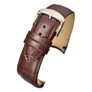 A BROWN CROC GRAIN PREMIUM LEATHER WITH CURVED ENDS AND A STITCHED EDGE WCV501/18 watch strap with a silver buckle.