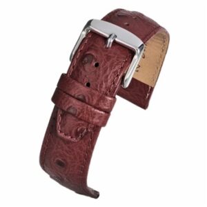 A brown calf ostrich grain watch strap with a silver buckle.