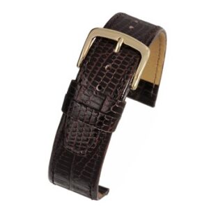 A brown lizard grain high-grade (G) watch strap with a gold buckle.