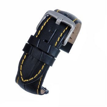 A BLACK CROCODILE W/ YELLOW STITCH watch strap.
