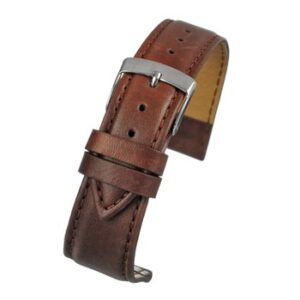 A golden brown imitation leather watch strap with a silver buckle.