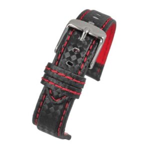 A BLACK CARBON W/ RED STITCH (S) - WH647/18 watch strap with a silver buckle.