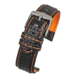 A BLACK CARBON W/ ORANGE STITCH (S) - WH648/18 watch strap with a silver buckle.