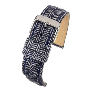 A blue tweed watch strap with a silver buckle.