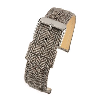 A brown tweed watch strap with a silver buckle.