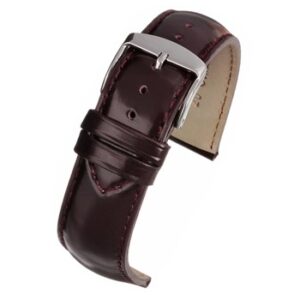 A BURGUNDY GLOSS SUPERIOR GRADE (S) - WH702/18 leather watch strap with a silver buckle.
