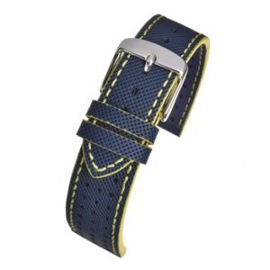A WATER RESISTANT SUPERIOR LEATHER STRAP BLUE / YELLOW WH831/20 with yellow stitching.