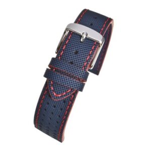 A WATER RESISTANT SUPERIOR LEATHER STRAP BLUE / RED WH837/20 with red stitching.