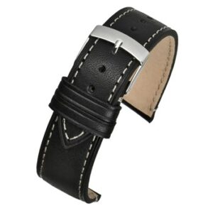 A BLACK HANDMADE LEATHER WITH CONTRASTING STITCH WH850/18 watch strap with a silver buckle.