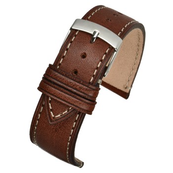 A BROWN HANDMADE LEATHER WITH CONTRASTING STITCH WH851/18 watch strap with a silver buckle.
