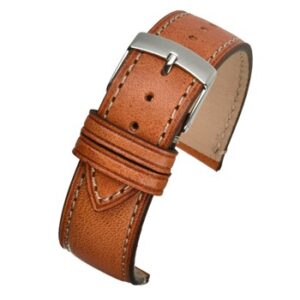 A TAN HANDMADE LEATHER WITH CONTRASTING STITCH WH852/18 watch strap with a silver buckle.