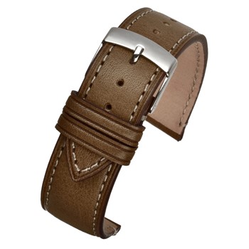 A green handmade leather watch strap with contrasting stitch and a silver buckle.