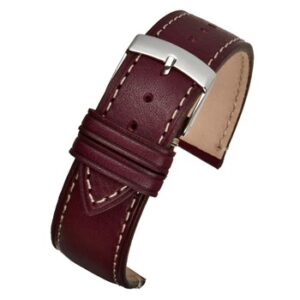 A BURGANDY HANDMADE LEATHER WITH CONTRASTING STITCH WH857/18 watch strap with a silver buckle.