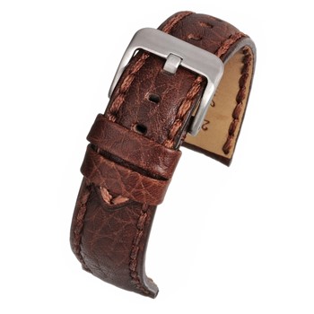 A SUPERIOR BROWN HEAVY STITCH (S) - WH889/18 leather watch strap with a silver buckle.