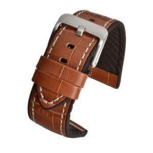 A TAN LEATHER/SILICONE CROCODILE w/ CONTRASTING STITCHING WH907/20 watch strap with a silver buckle.