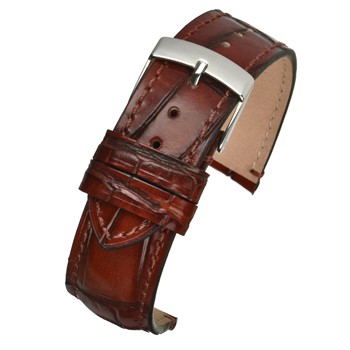 A tan/gold handmade alligator grain leather watch strap with a silver buckle.