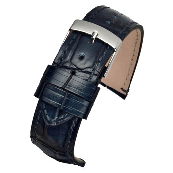A BLUE HANDMADE ALLIGATOR GRAIN LEATHER WH943/18 watch strap with a silver buckle.