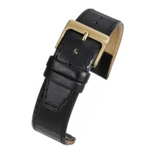 A black calf open-ended watch strap with a gold buckle.