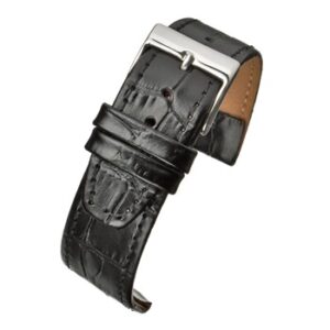 A black alligator grain calf leather watch strap with a buckle.