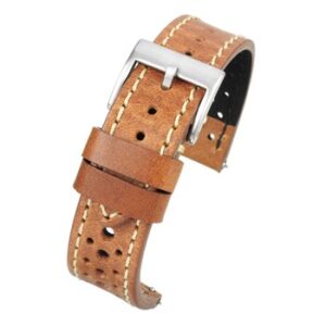 A PREMIUM LIGHT BROWN ITALIAN LEATHER STRAP WATER RESISTANT WR101/18 watch strap with a silver buckle.