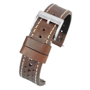 A PREMIUM BROWN ITALIAN LEATHER STRAP WATER RESISTANT WR105/18 with white stitching.