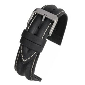 A BLACK WATER RESISTANT (S) - WR915/16 watch strap with white stitching.