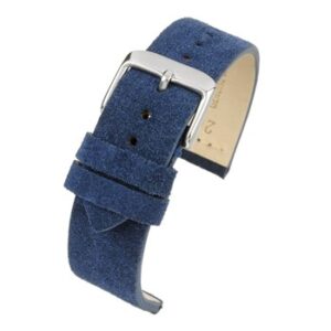 A PREMIUM BLUE SUEDE STRAP with a silver buckle.