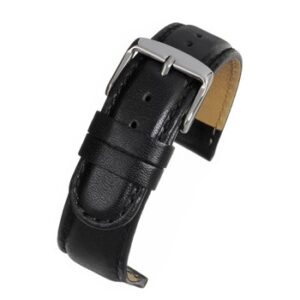 A BLACK PADDED EXTRA LONG (S) - WX100P/8 leather watch strap with a buckle.