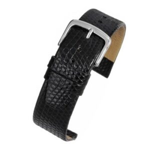 A BLACK LIZARD GRAIN EXTRA LONG (G) - WX400/10 watch strap with a silver buckle.