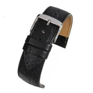 A BLACK EXTRA LONG CROCODILE GRAIN watch strap with a silver buckle.